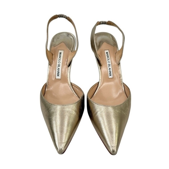 Manolo Blahnik Carolyne 70 Nappa Leather Slingback Pumps - Gold Size 39 / US 9 - Picture 3 of 11